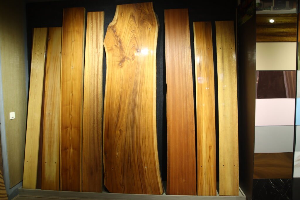 Solid wood and teak planks on display at Mittal Timber Traders, Gurugram