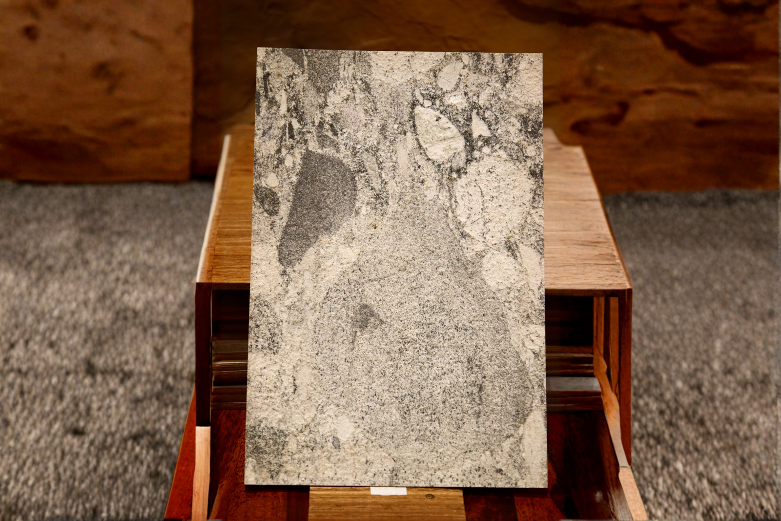Stone veneer sheet sample at Mittal Timber Traders showroom, Gurugram